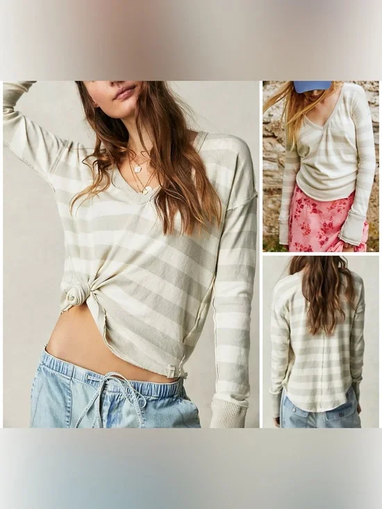 NWT Free People We The Free Sail Away Long Sleeve Tee - neutral combo - XS