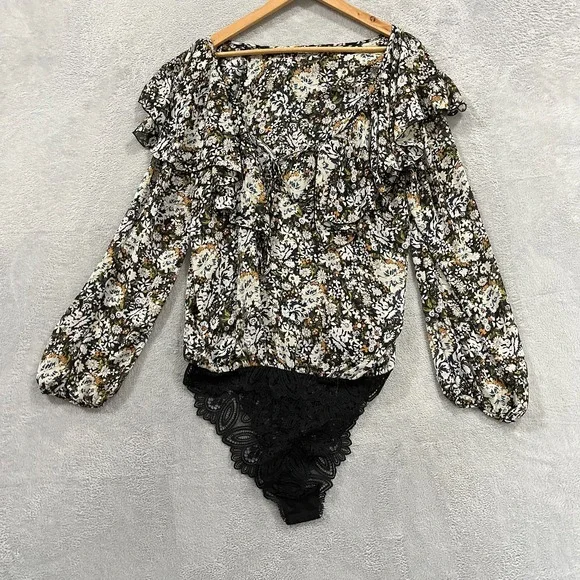 Free People Women's Large Black-Multi Pattern Bodysuit Blouse‎ Preppy Floral Tie