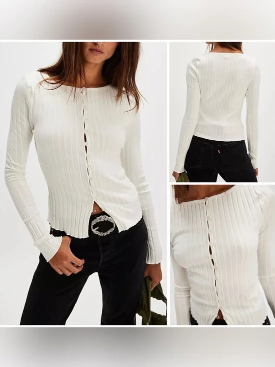 Free People Cream Ribbed Button-Front Long Sleeve Tee