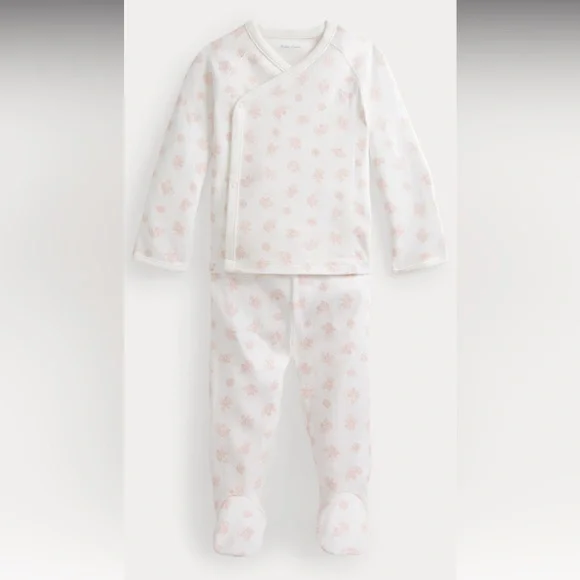 Ralph Lauren Baby Girl White & Pink Bear-Print Cotton Top & Footie Set 3-6 Month