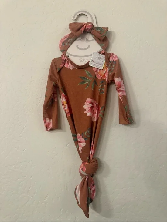 Girls' Rust Floral One-Piece Gown with Headband
