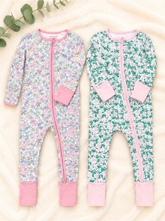 Stitchy Fish Pink Floral Zip Baby Rompers - Set of 2