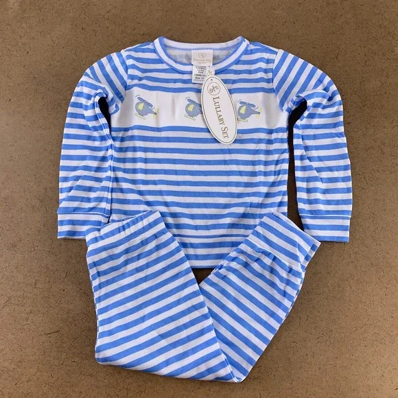 Lullaby Set Toddler Size 3T Blue White Striped Helicopter 2 Piece Pajama Set NWT