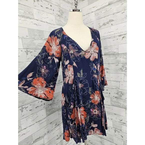 Free People Eyes on You Mini Dress Floral Print Bell Sleeves Pockets Women 6