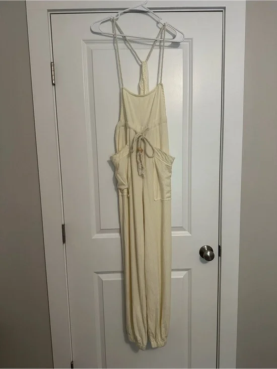 Free People Cream Ribbed Tie-Waist Jumpsuit with Lace Straps