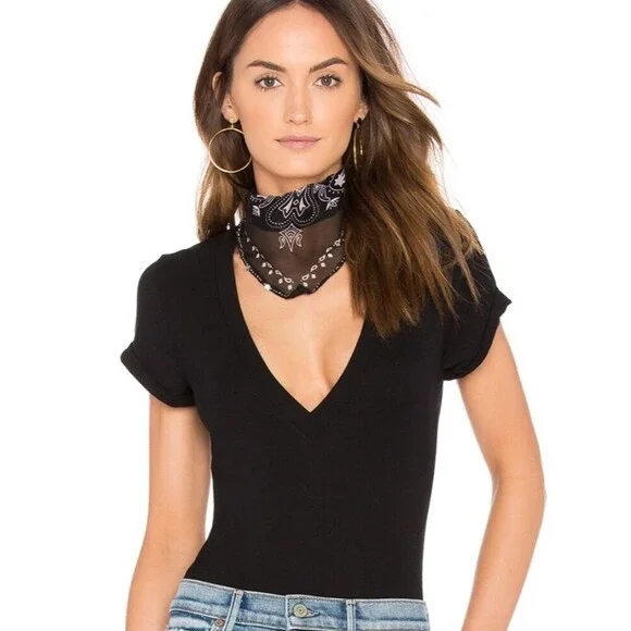 Free People Me Oh My Tee Shirt Bodysuit Black XSmall
