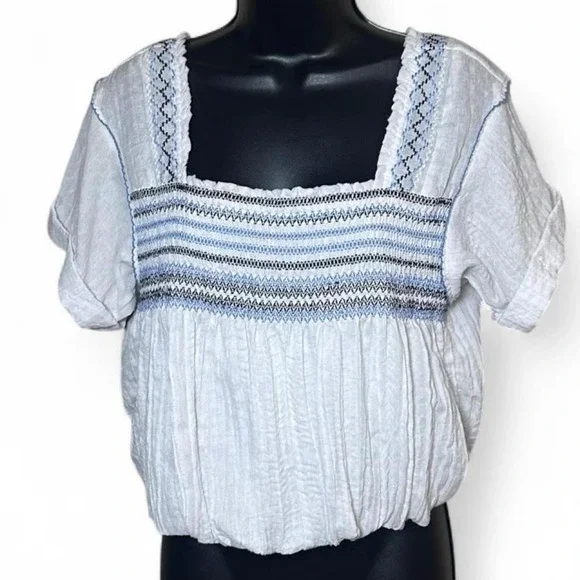 Free People White Gauze Blouse with Blue & Black Embroidery