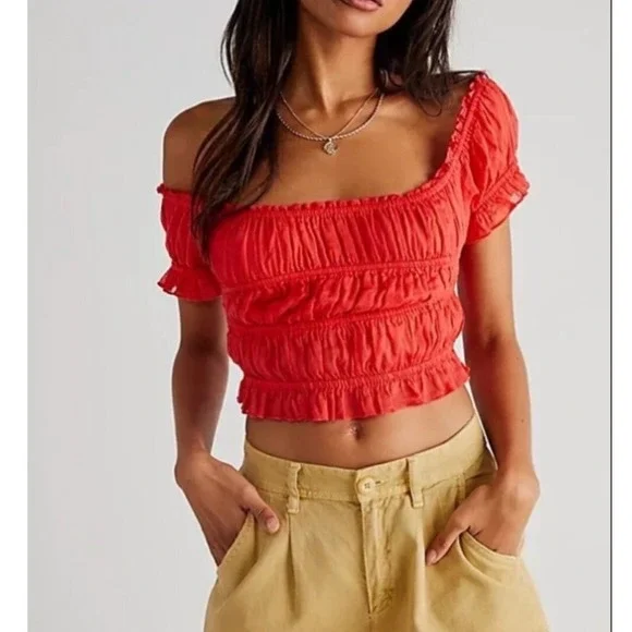 Free People FP One Smocked Crop Top Red Cotton Ruffle Off Shoulder Small