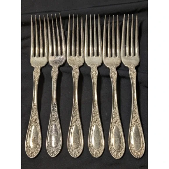 Lot of 6 Vintage 1835 R. Wallace Silverplate Dinner Forks Pat 1902 - Monogram