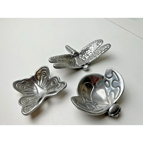 THREE  Silver Metal  Trays DRAGONFLY  LADY BUG  BUTTERFLY Candle Holder Dishes