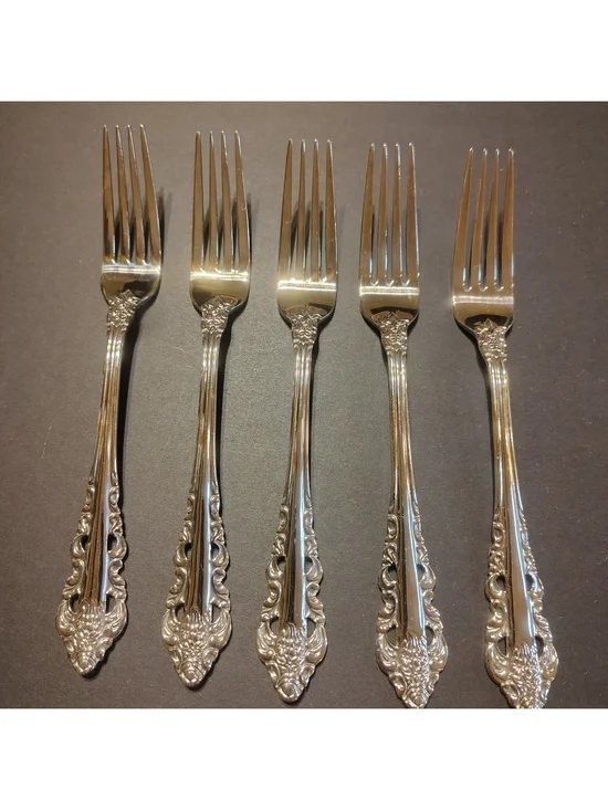 Wallace Antique Baroque Stainless Ornate Silver Dinner Forks - Set of 5. 18/10