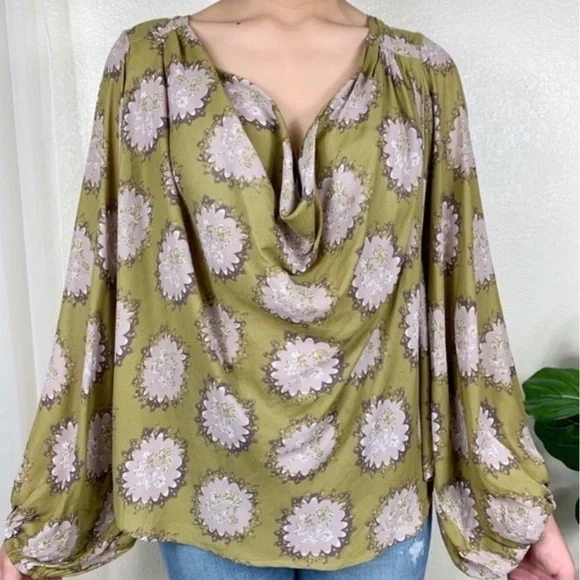 Free People Floral Drape Open Front Long Sleeve Boho Blouse Pleated Loose Fit XS
