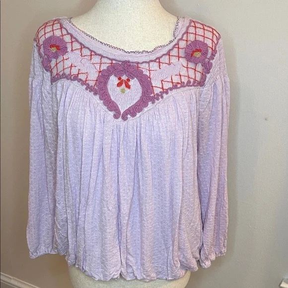 Free People Lilac Embroidered Boho Peasant Top Long Sleeve Women’s M