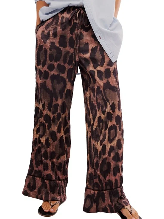 Free People Brown All Out Leopard Hammered Satin Wide Leg Pants Medium
