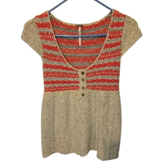 Free People fisherman  knit cap sleeve babydoll  fair isle wool sweater top. XS