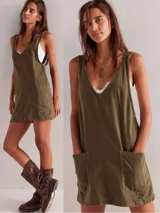 Free People High Roller Skirtall Dress in Moss Stone Army Green Size Small NWT