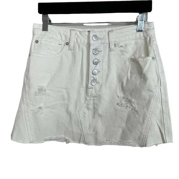 Free‎ People We The Free Denim Skirt 28 Ivory Distressed Raw Hem Button Fly