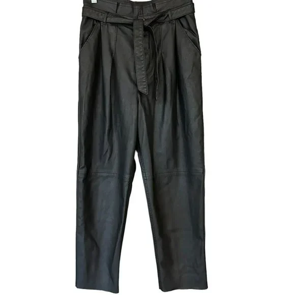 Free People Black Vegan Leather High‎ Tie Waist Paper Bag Cropped Pants Womens 6