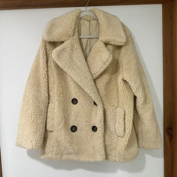 Free People Teddy Peacoat Women L Cream Faux Fur Sherpa Double Breasted Jacket
