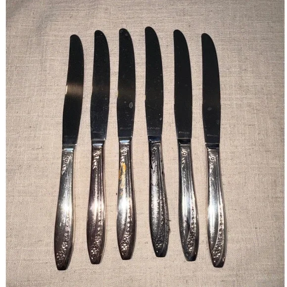 Oneida Damask Rose Silverplate Dinner Knives Stainless Blades Set‎ of 6 Vintage