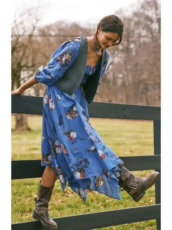 Free People Bohemian Witchy Fairy Morning Glory Maxi Dress Bluebell Size XL