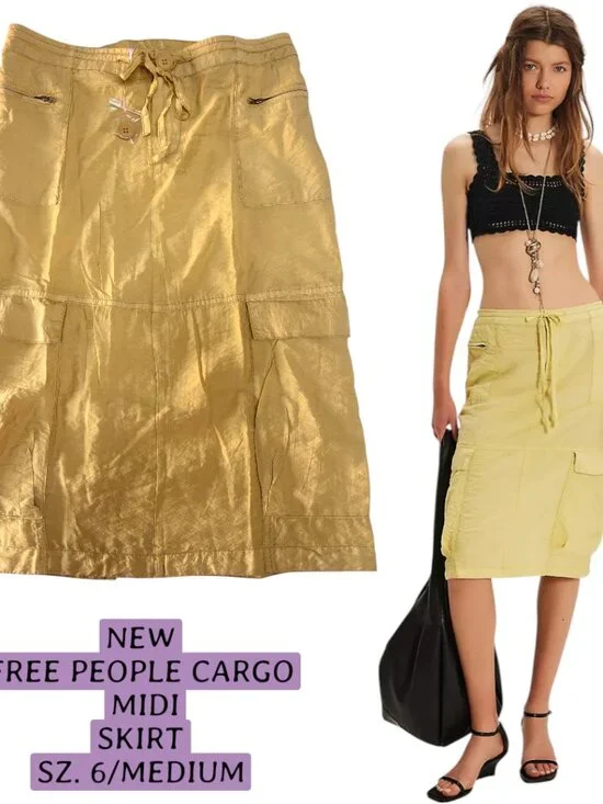 FREE PEOPLE YELLOW CARGO MIDI DRAWSTRING SKIRT SIZE 6 MEDIUM NEW‎