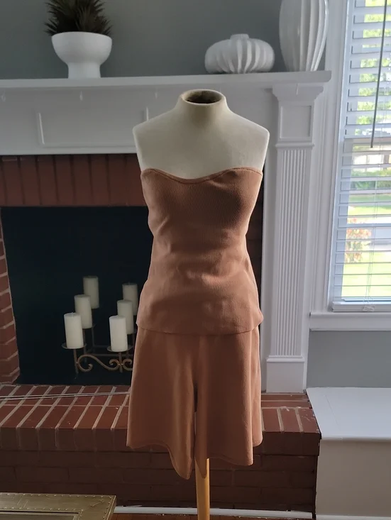Free People Ribbed Strapless Shorts Set in Camel Brown