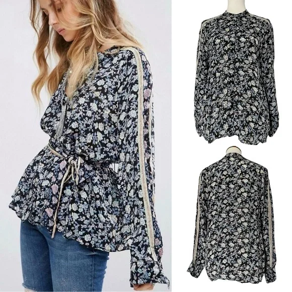 Free People Skyway Drive In Top Women Floral Button Front Blouse *No‎ Belt