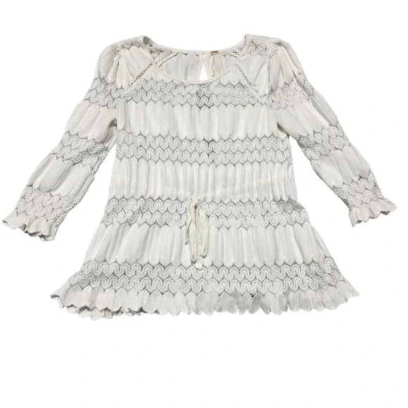 Free People Top Women Small Ivory Lace Peplum Blouse‎ Crochet Pleated Boho Tie