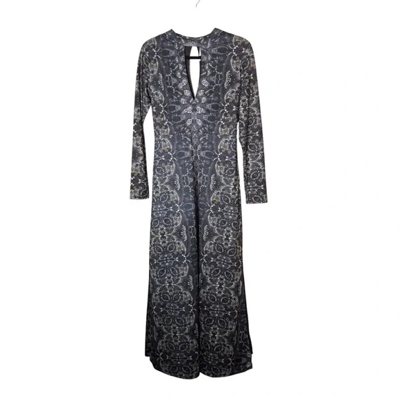 Free People Cabaret Retro Goth Long Sleeve Maxi Gown/Dress Dark Paisley Print S