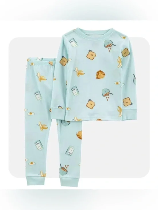Carters 4T Blue Breakfast Food Print Two-Piece Cotton Pajamas Boho Fall Comfy
