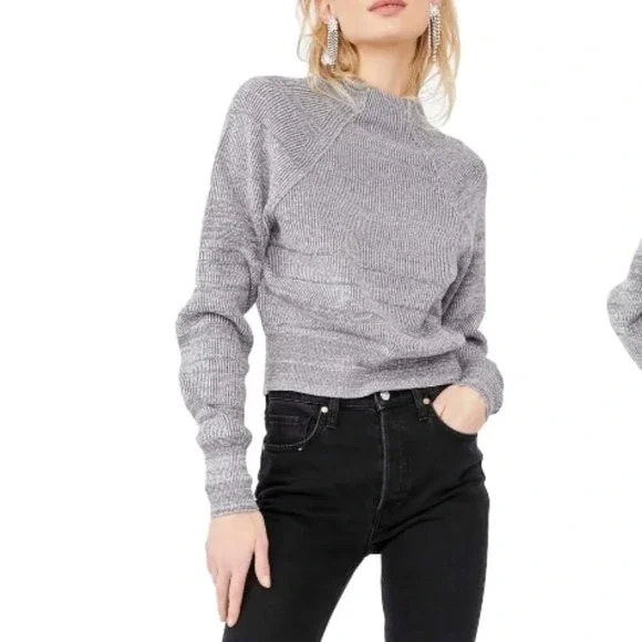 Free People On The Glow Pullover Grey Marl Mock‎ Neck Cropped Sweater Medium