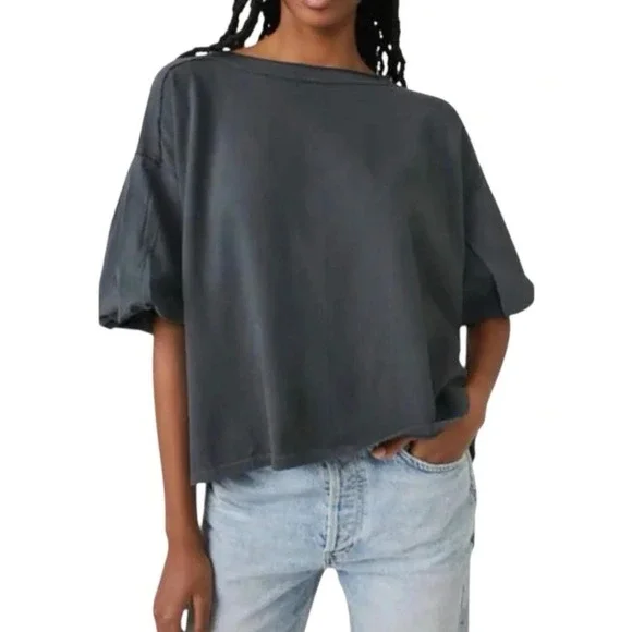 We The Free Sz M Charcoal Grey Blossom Puff Sleeve Oversized Tee Boho