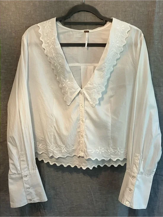 Free People White Cotton Cropped Button-down with Scalloped Details