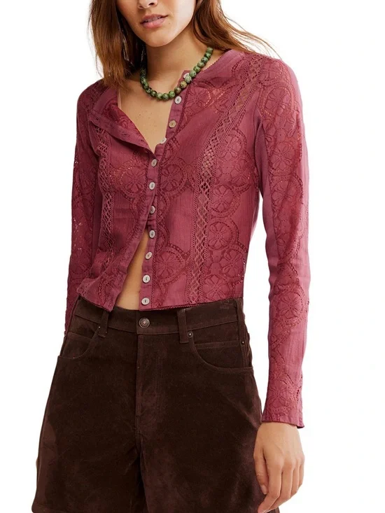 Free People Women's Button-Front Long-Sleeve Lace Top, Size MEDIUM