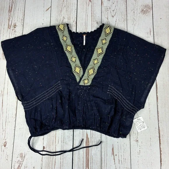 Free People Navy Blue Gauze Embroidered V-Neck Drawstring Top OB1157299 Womens S