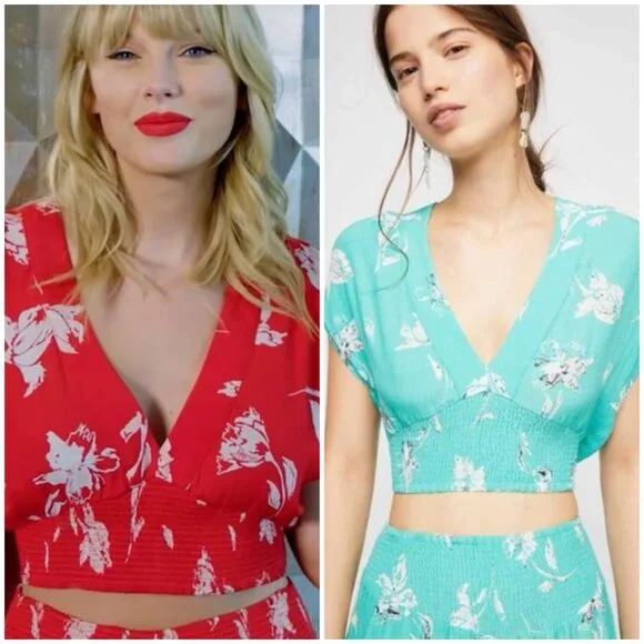 Free People L Teal Floral‎ Crinkle Nile River Smocked Crop Top ASO Taylor Swift