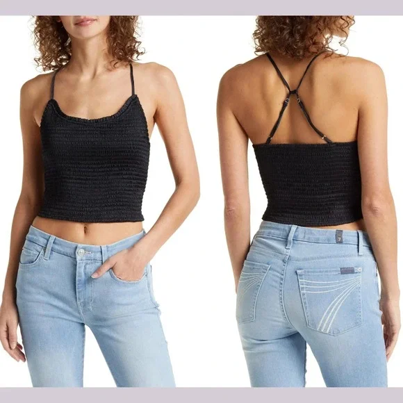 Free People Right On Time Cami Womens M Black Smocked Strappy Back Crop Top