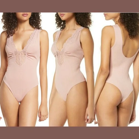 NWD Free People intimately [ Small ] First Call Lace Ribbed Bodysuit Mauve #4152