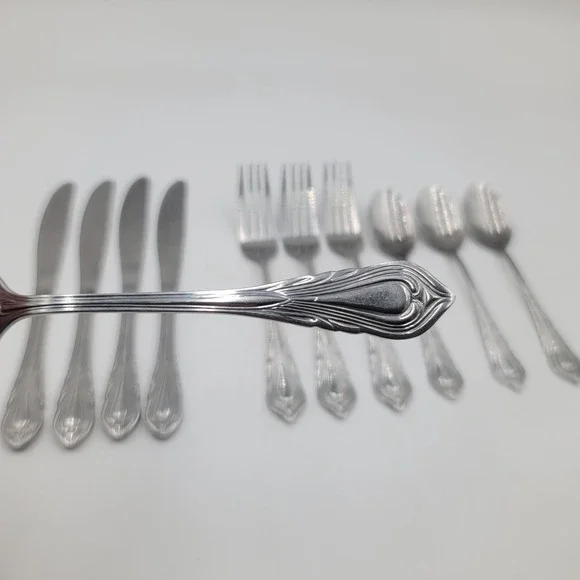 11pc Stainless Steel Art Deco Flatware Set China 012 Scroll Teardrop Pattern