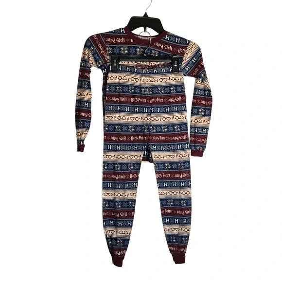 Harry Potter Kids‎ Pajamas Size 10 Fair Isle 2 Piece Set Cotton Maroon Blue AME