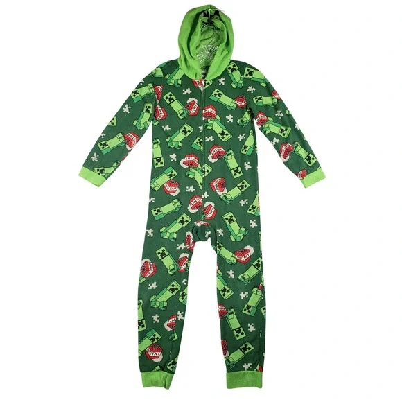 Minecraft Boys Pajamas Creeper TNT Hooded‎ One Piece Sleeper M 8/10 Green Fleece
