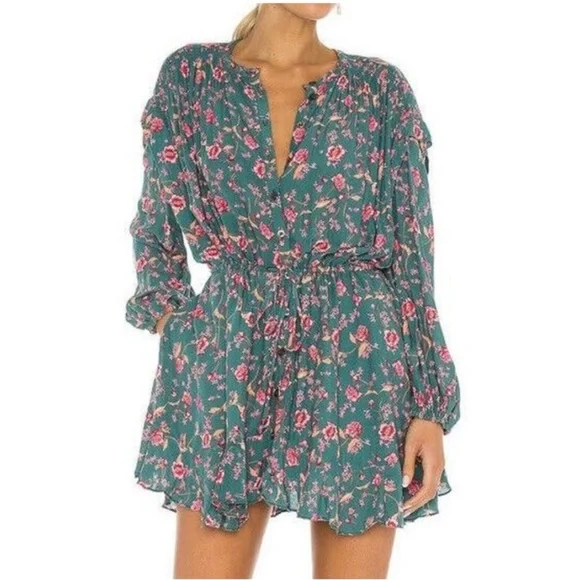 Free People Floral Fields Mini Dress in Emerald Green Sz M