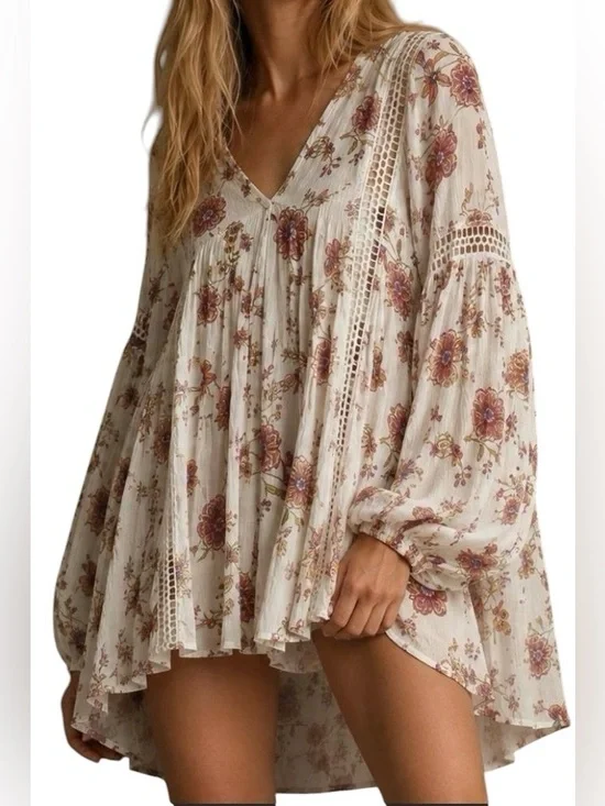 Free People Just the Two of Us Floral Crochet Tunic Dress Large