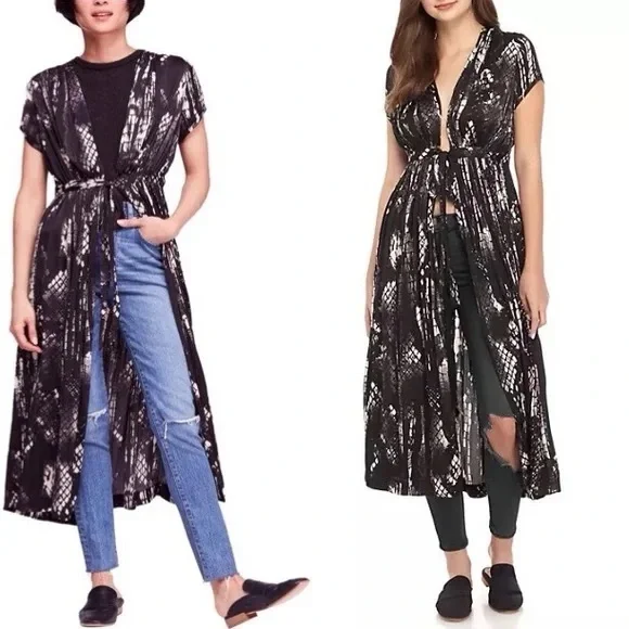 Free People‎ boho Long Robe Cover up tunic blouse snake print small S dress