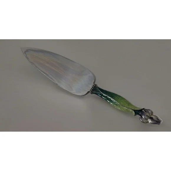 Sheffield England‎ Stainless Steel Lily Ornate Enameled Handle Cake Knife 10.5
