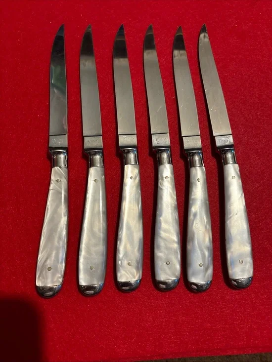 Unique Vintage Pearl-Effect Handle Steak Knives with Silver Blades , Germany