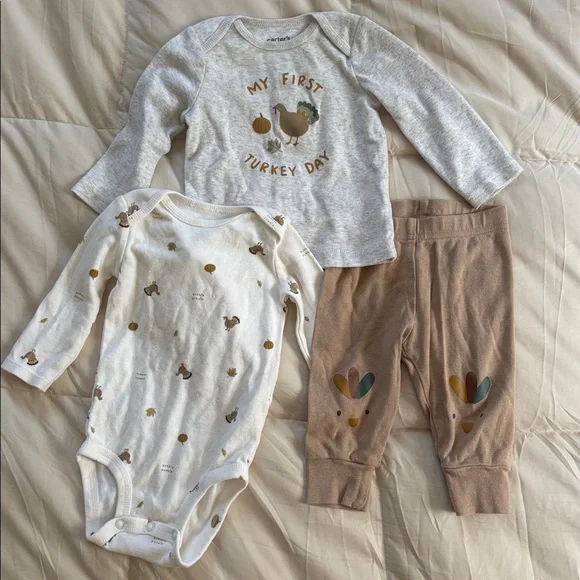 Carter's Festive My First Turkey Day Thanksgiving Outfit Set Onesie Pants Brown