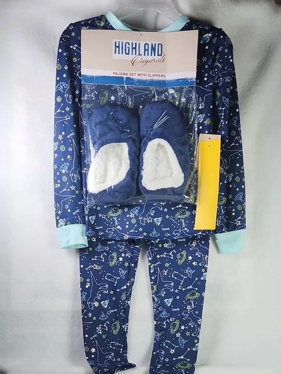 Boys Navy Space 3pc Print Pajama Set with Slippers