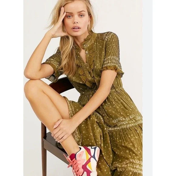Free People Rare Feelings Maxi Dress Olive Green Floral Tiered‎